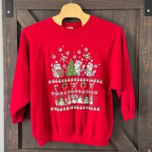 Vintage 90s Hanes Women’s Christmas Cats Sweatshirt Red Cottagecore Size 4X